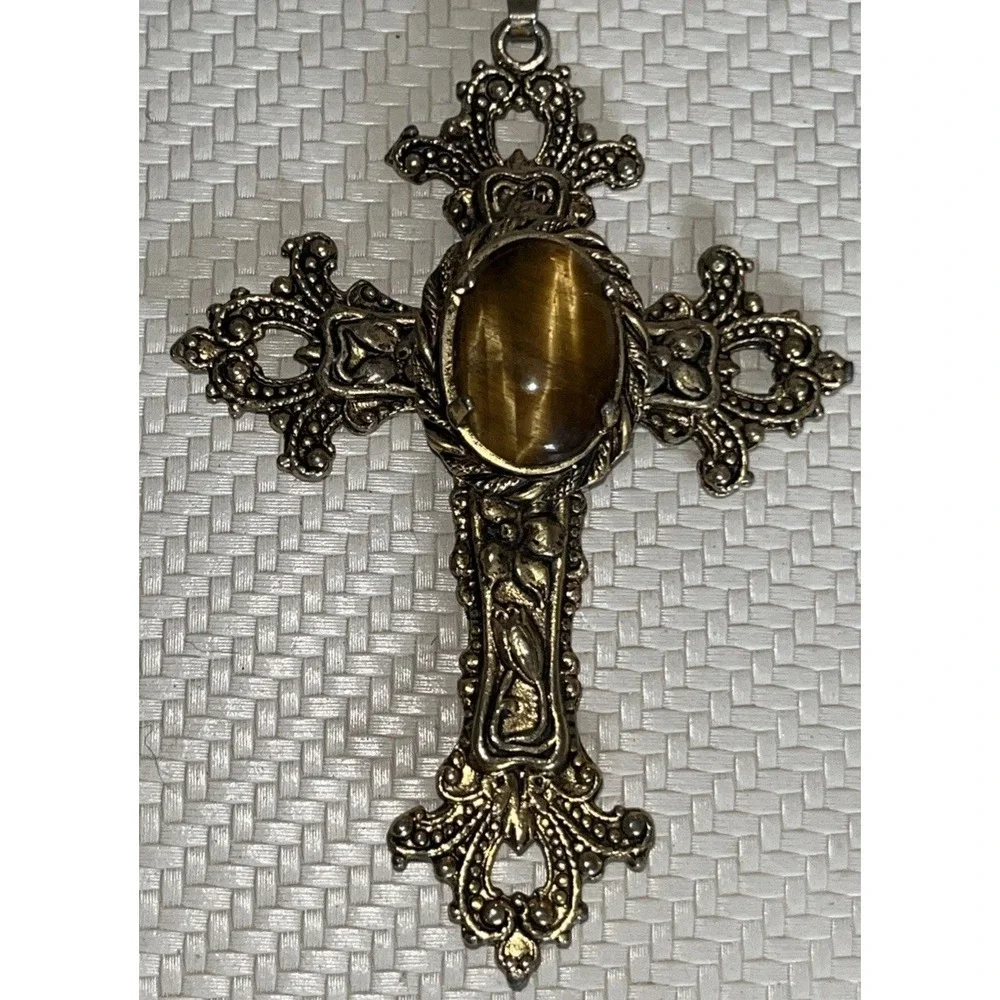Vintage Ornate Tiger's Eye Cross Pendant Necklace Gold Tone Victorian 24